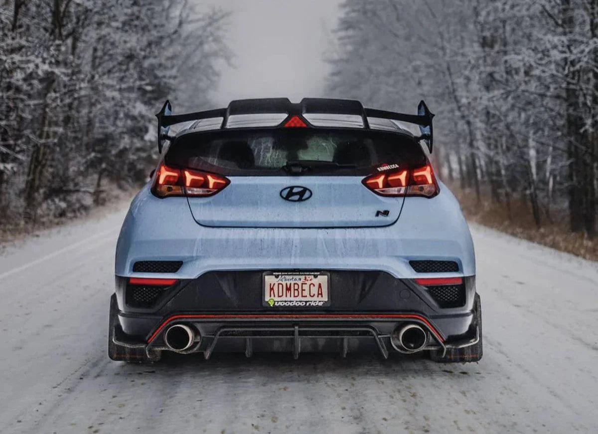 Carbon fiber rear spoiler with black end fins on hatch, rear view