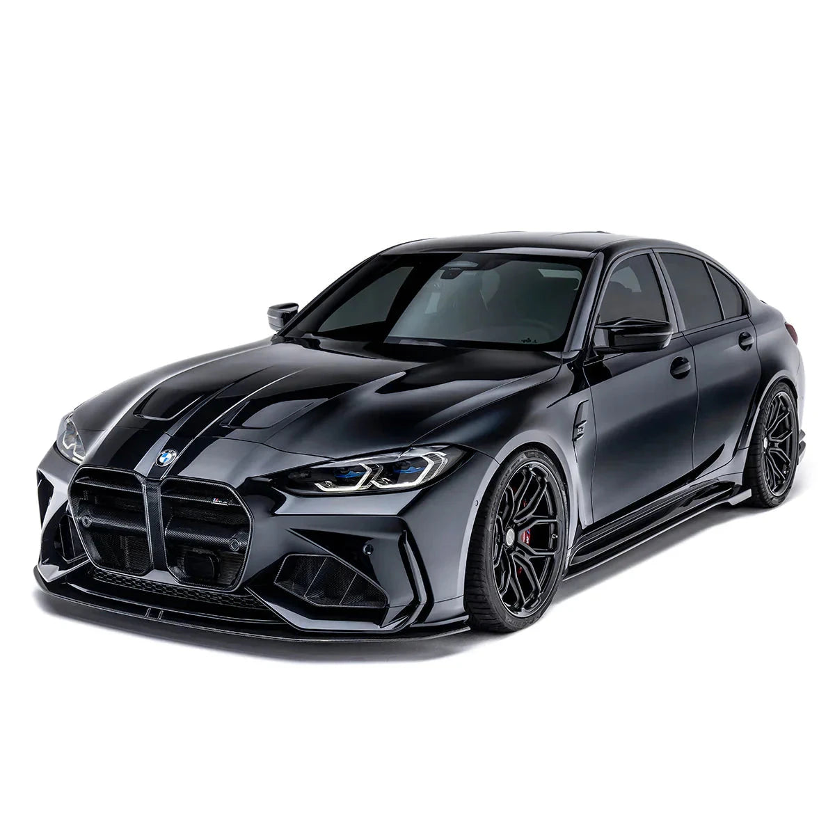 ADRO front grille on BMW G8X M3/M4, widebody kit, black wheels, shown from a three-quarter front angle.