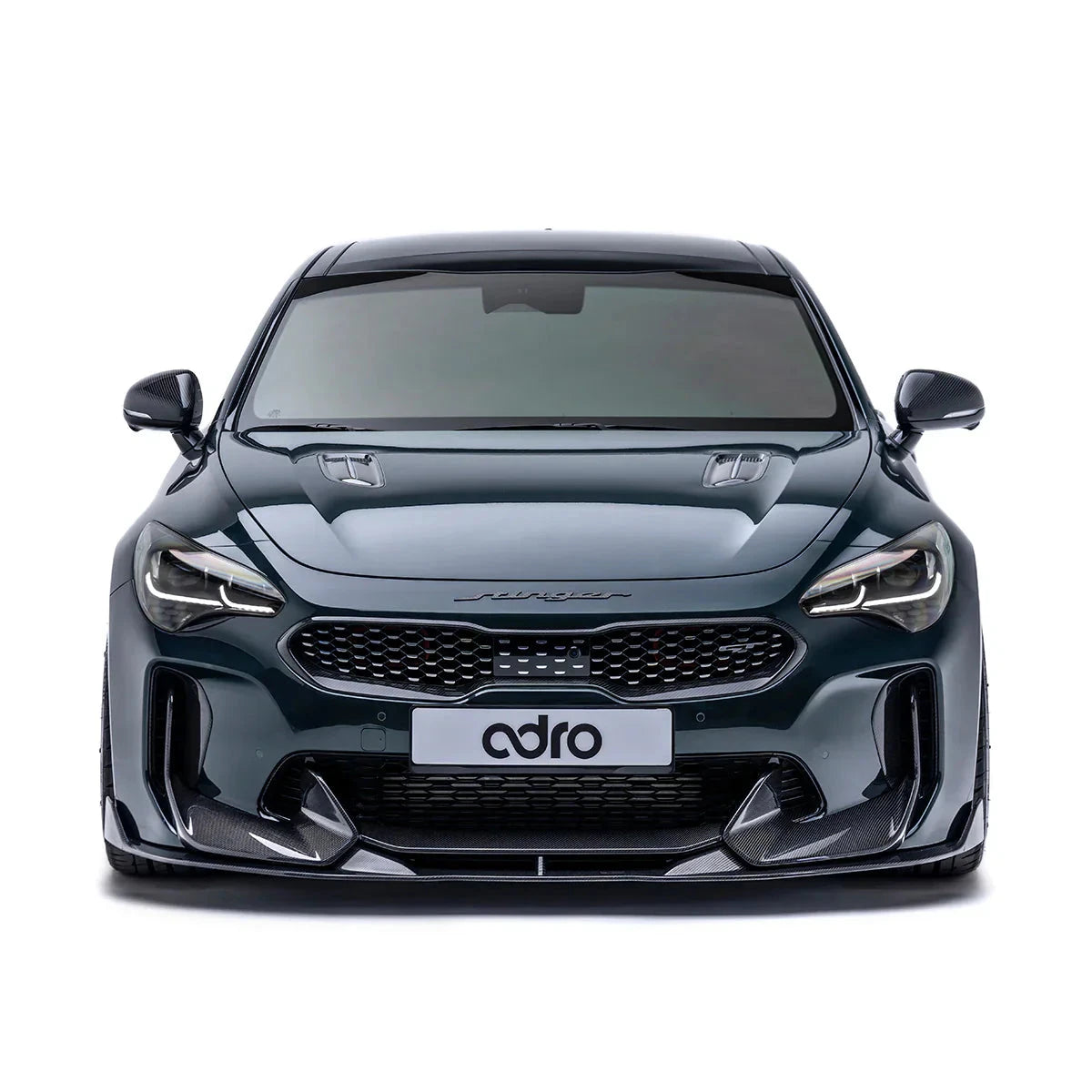 KIA Stinger carbon fiber-look lower front lip, black diffuser-style side trim