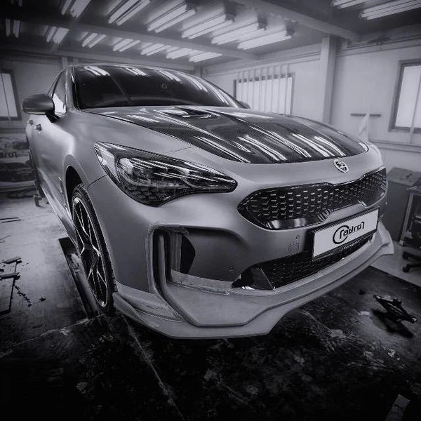 KIA Stinger front bumper with carbon fiber lower lip V2, dark textured finish