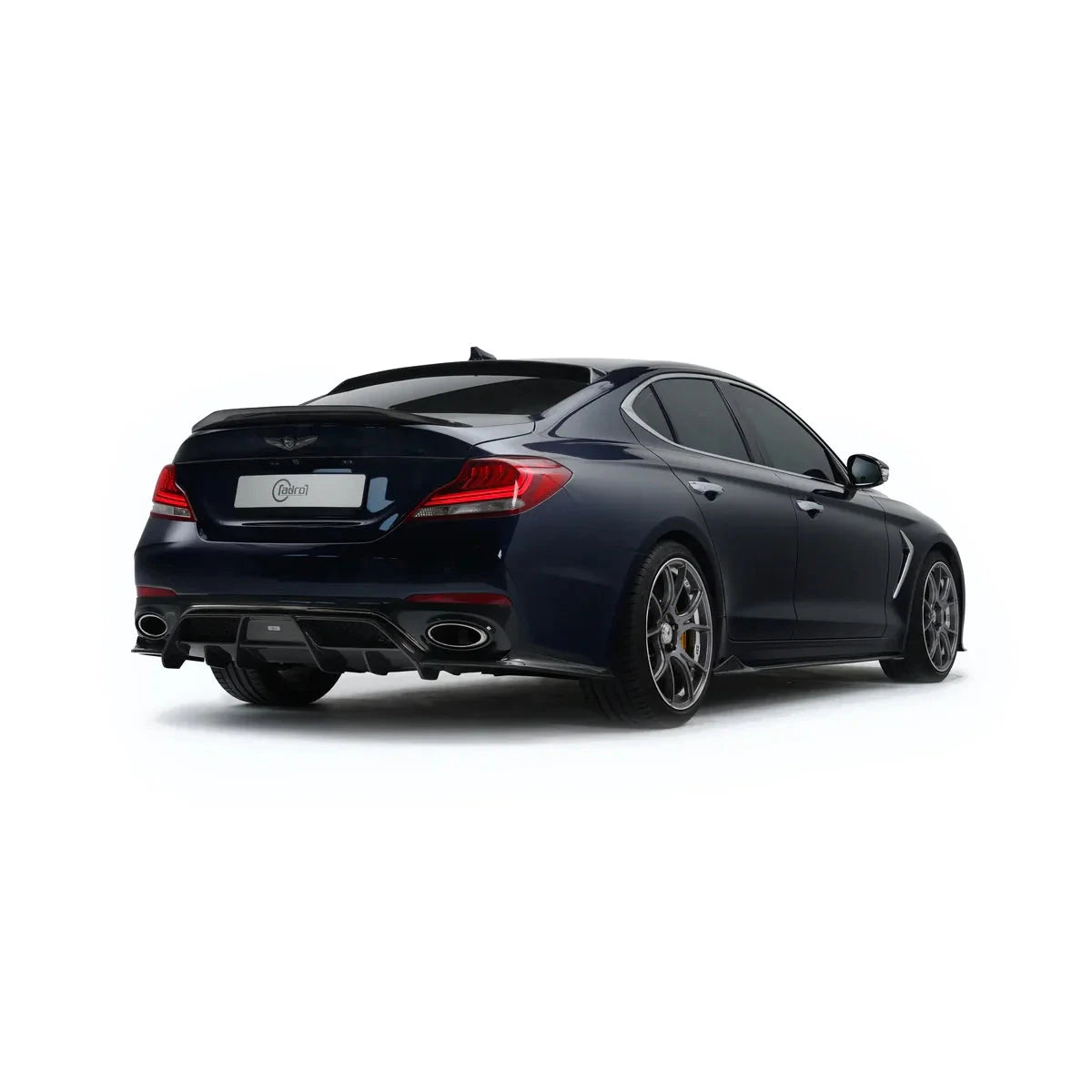 ADRO carbon fiber side skirts V3 for Genesis G70, rear three-quarter view, aero tinted windows, on white background.