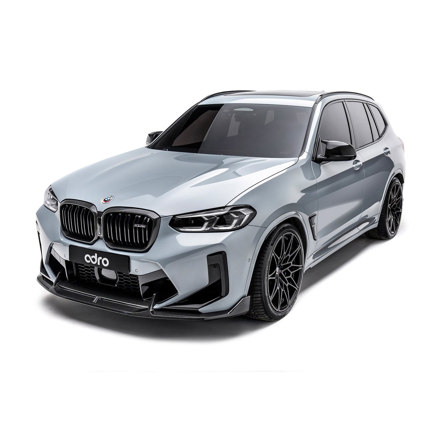 Front bumper lip for BMW SUV, black carbon-look air dam under the grille.