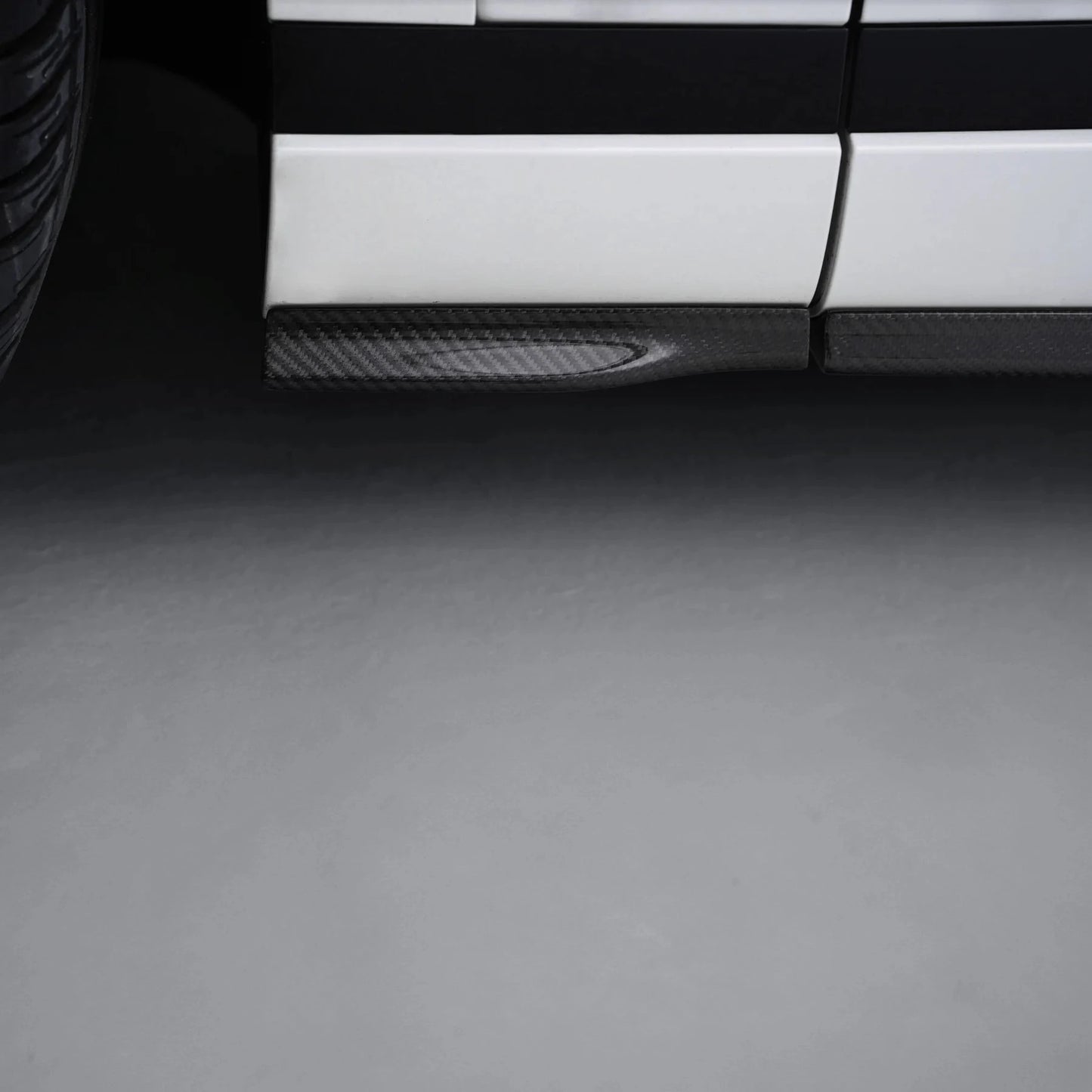 Carbon fiber side skirt with textured weave insert under the rocker panel.
