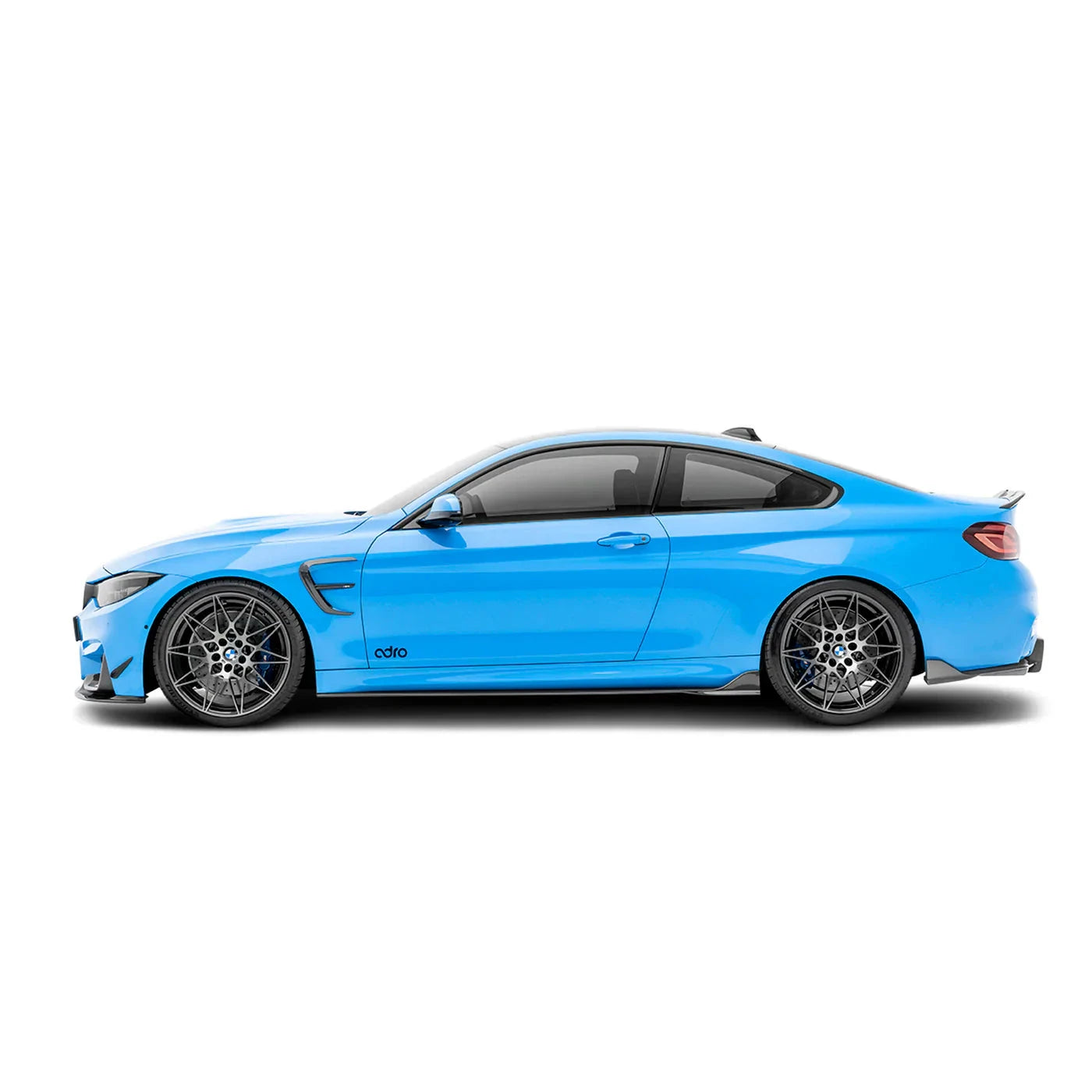 ADRO carbon spoiler on BMW F82 M4, side view, blue car with tinted windows and silver wheels on white background.