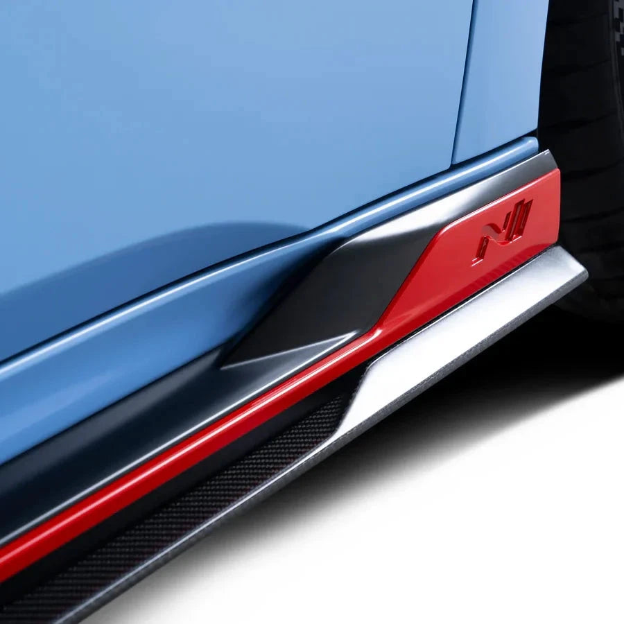 Blue HYUNDAI ELANTRA N side skirt with black trim and red accent stripe