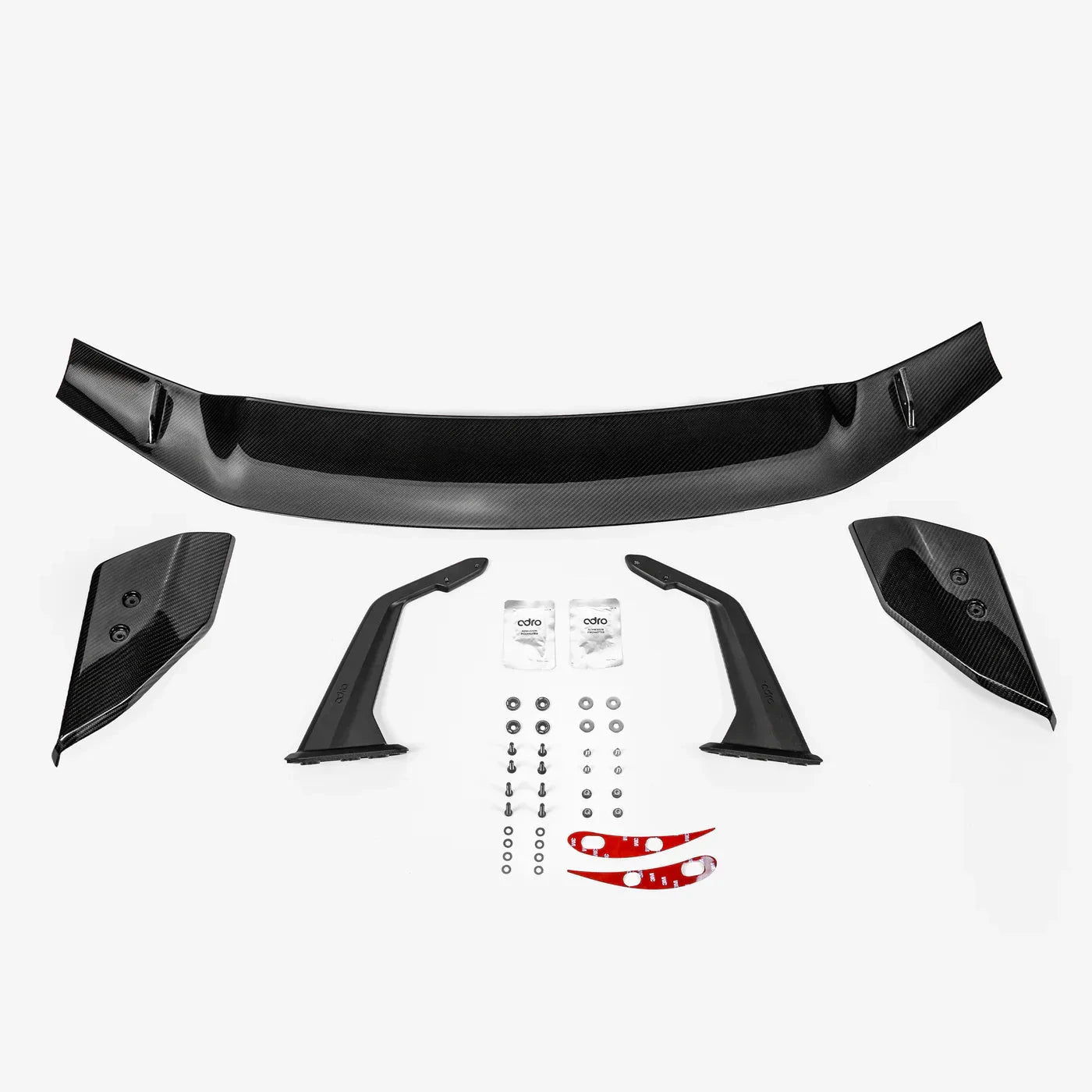 ADRO swan neck wing for Honda FL5 Civic Type R, shown with side mounts, hardware, and two red brackets, top-down view.