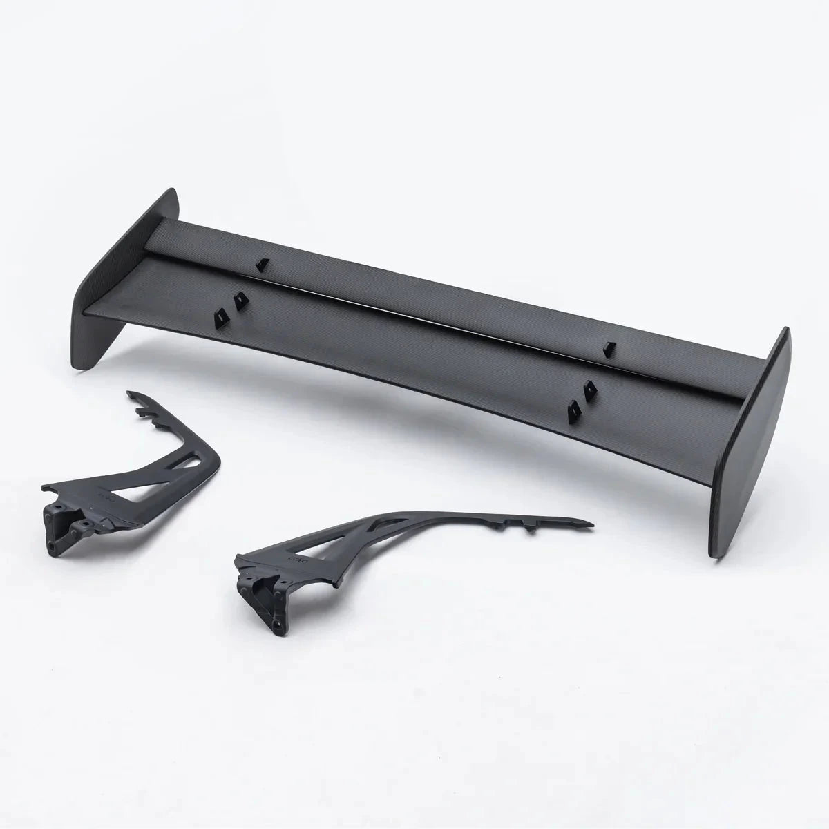 Swan neck wing spoiler parts: carbon-look main blade with mounting hardware and brackets