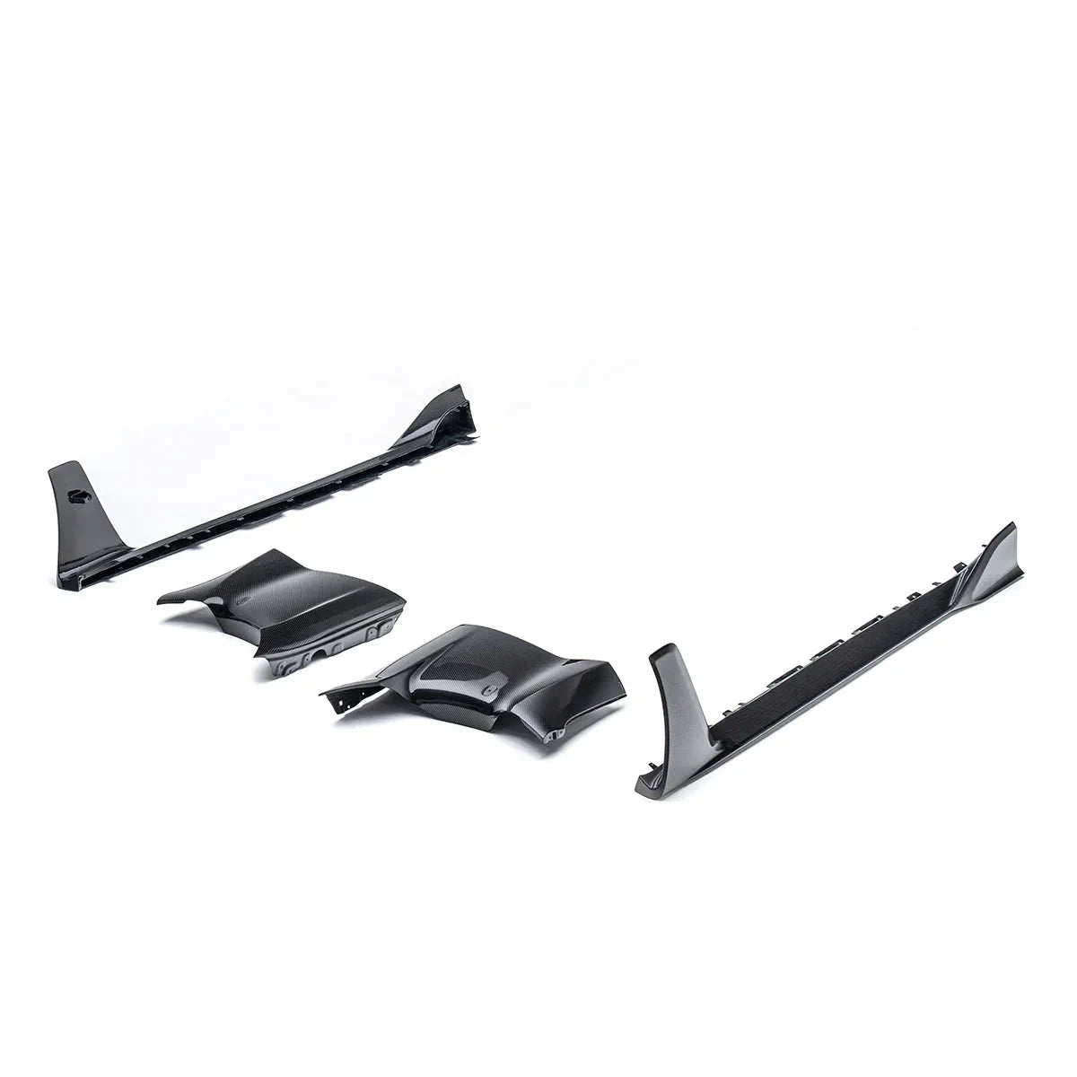 Carbon fiber side skirt V2 parts set, dark textured panels and mounting pieces