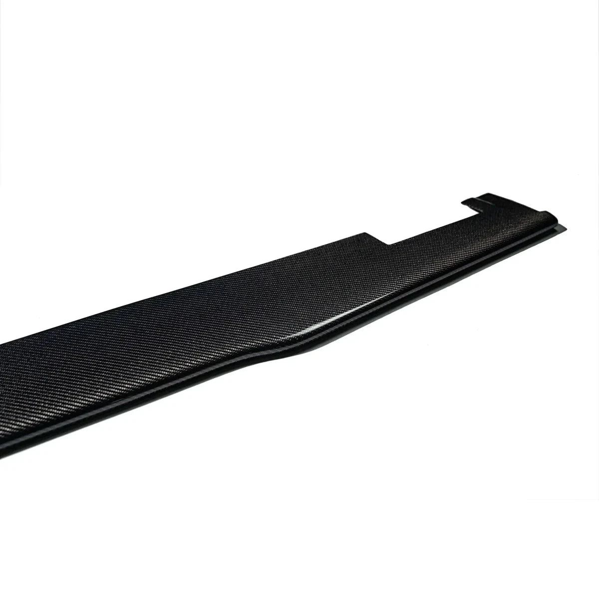Black carbon-fiber side skirt extension piece with curved lip and center notch