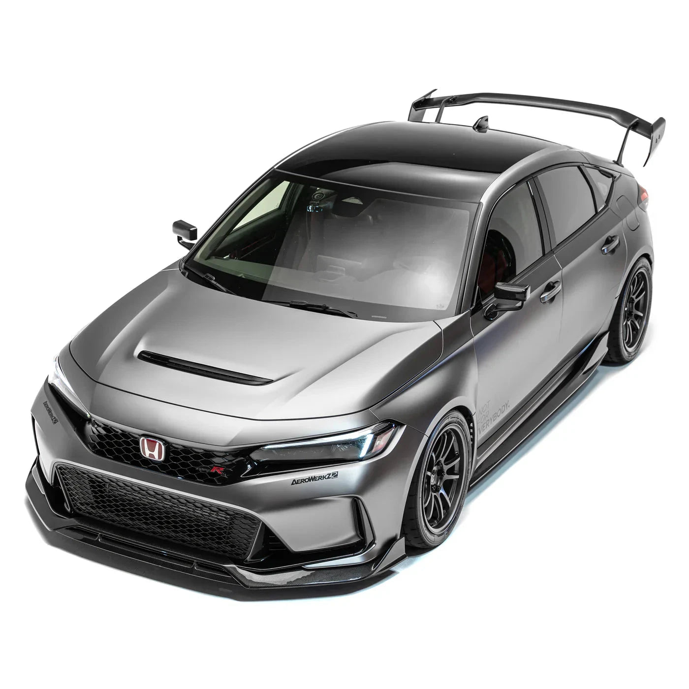 ADRO carbon fiber roof scoop on Honda FL5 Civic Type R, top view showing black wheels and large rear wing.