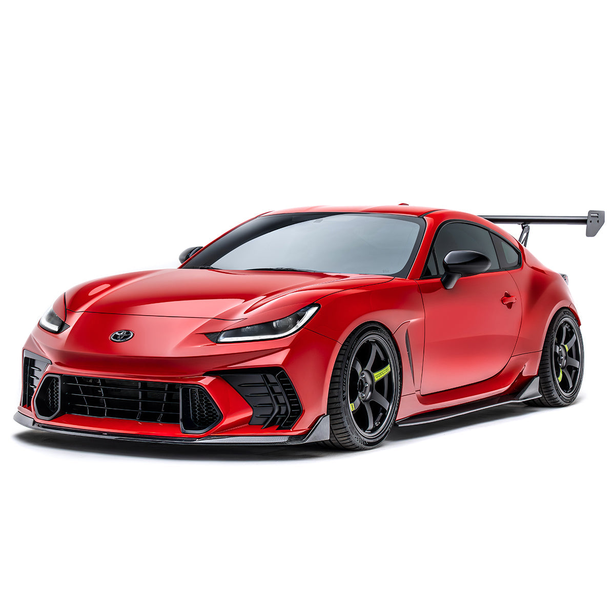 Black rear spoiler wing with two uprights and end plates on sports car
