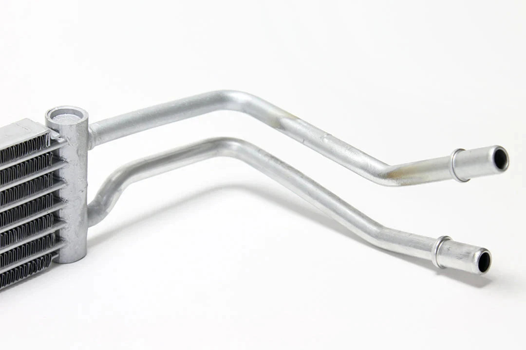Power steering cooler pipes with two barbed hose outlets and end fitting, metal silver