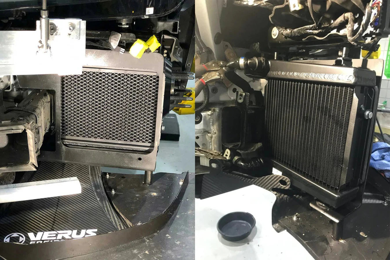 Auxiliary radiator mounted in engine bay with black mesh core, hoses, and brackets
