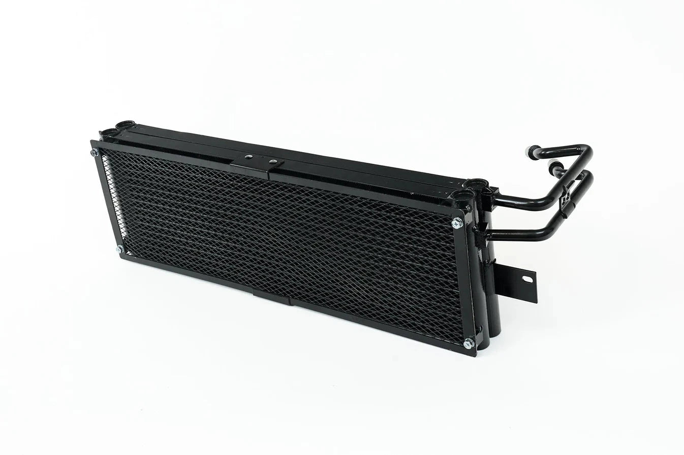 Black transmission cooler heat exchanger with mesh core and twin side hoses.