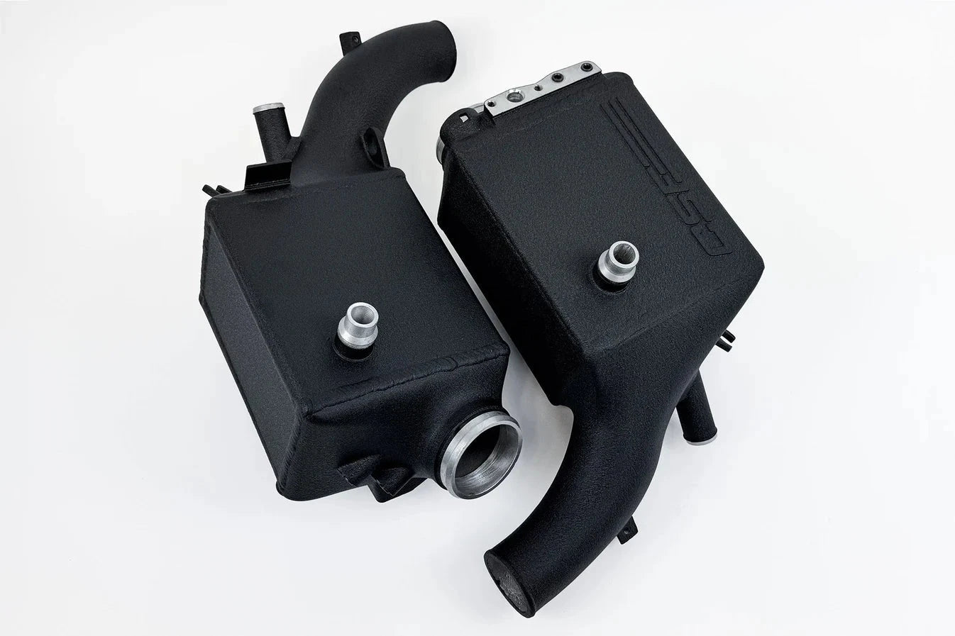 Set of black charge air coolers with curved intake hoses and inlet fittings