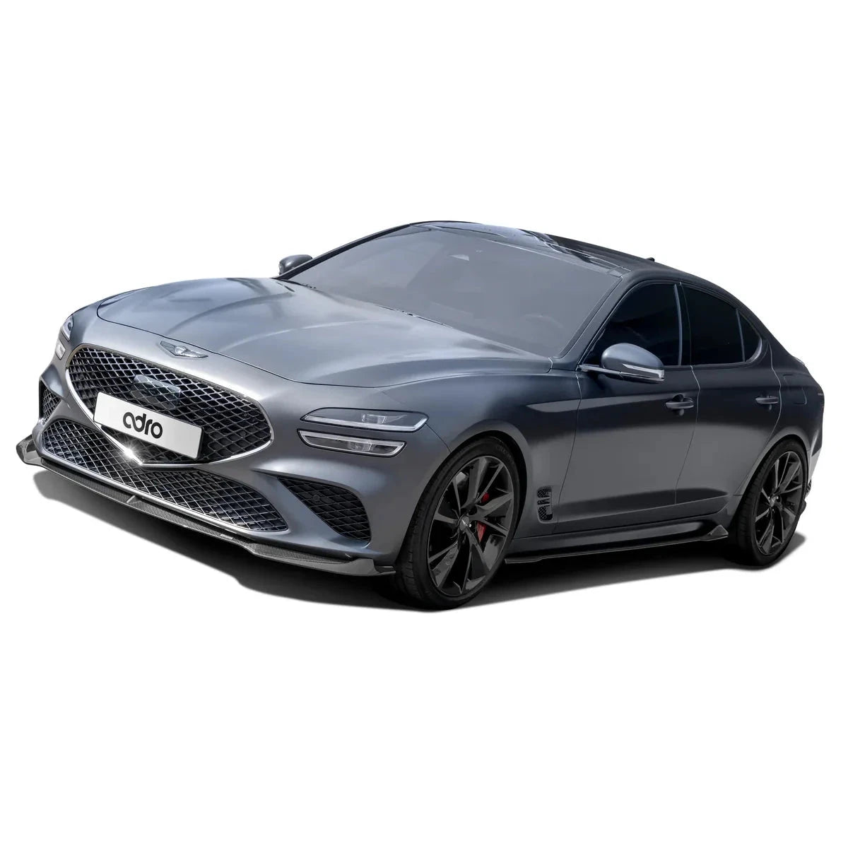 ADRO carbon fiber front lip on Genesis G70 FL, installed view, with black rims and tinted windows, white background.