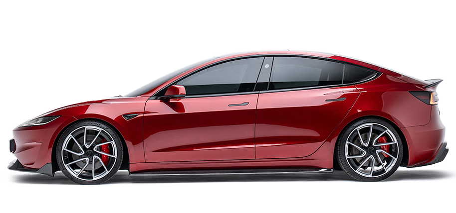 Red electric performance sedan with alloy wheels and side profile