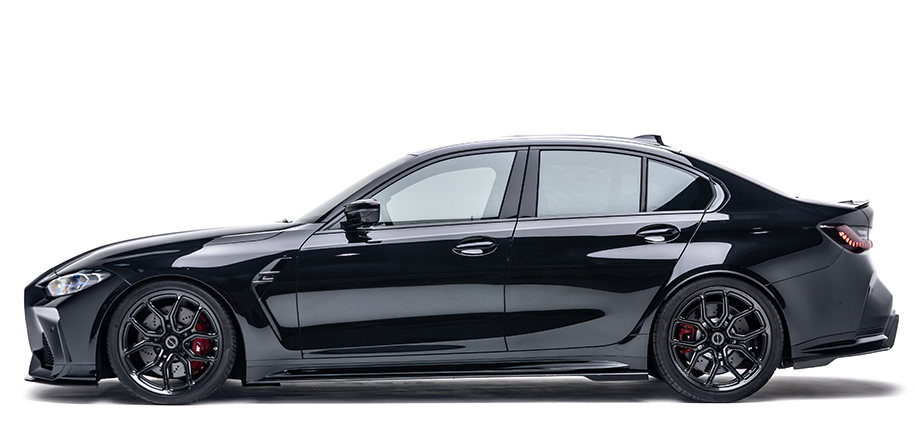 ADRO carbon fiber kit on BMW G80 M3, side profile, with black wheels and red calipers on a white background.