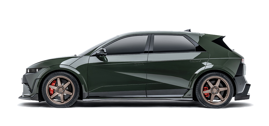 Green Hyundai Ioniq 5 N sports hatchback, side view with alloy wheels.