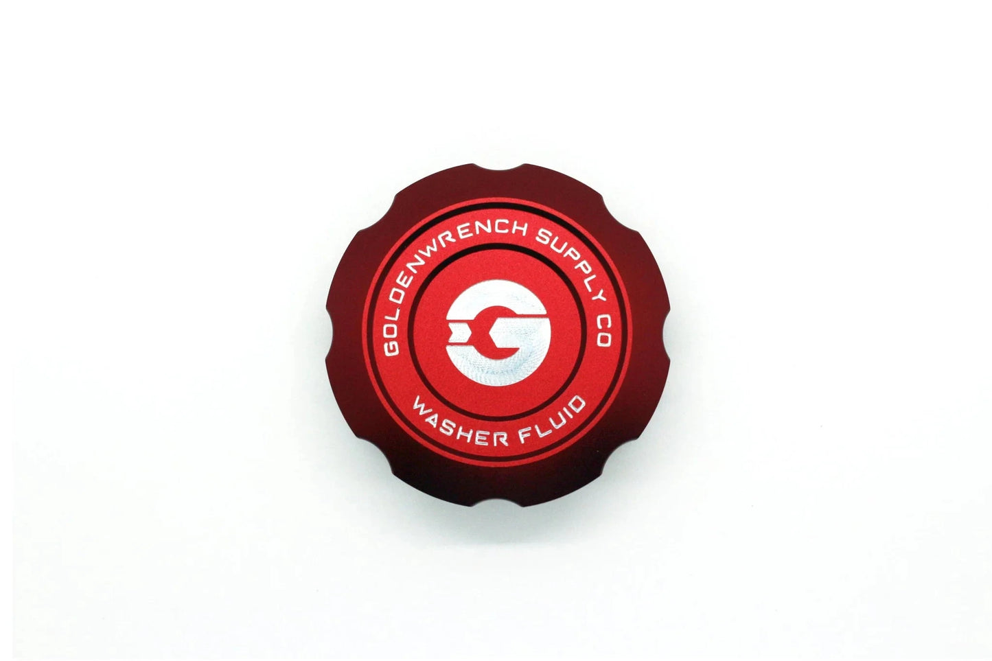 Washer fluid cap, red with vented edge tabs and GOLDENWRENCH SUPPLY WASHER FLUID logo