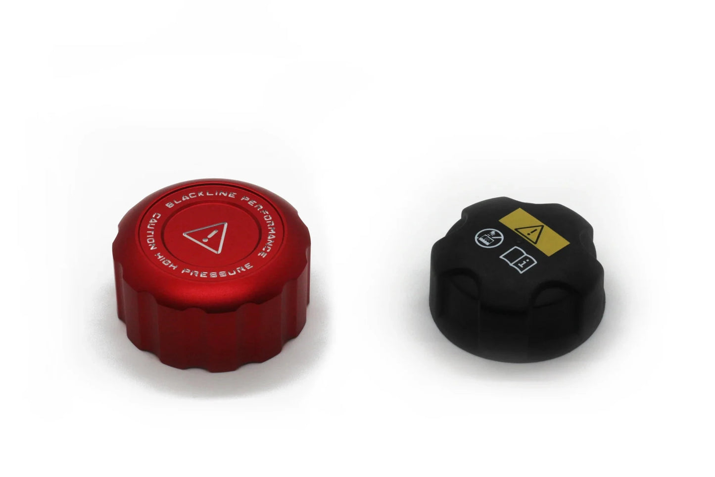 Charge cooler tank cap cover, red front and black side with warning icons
