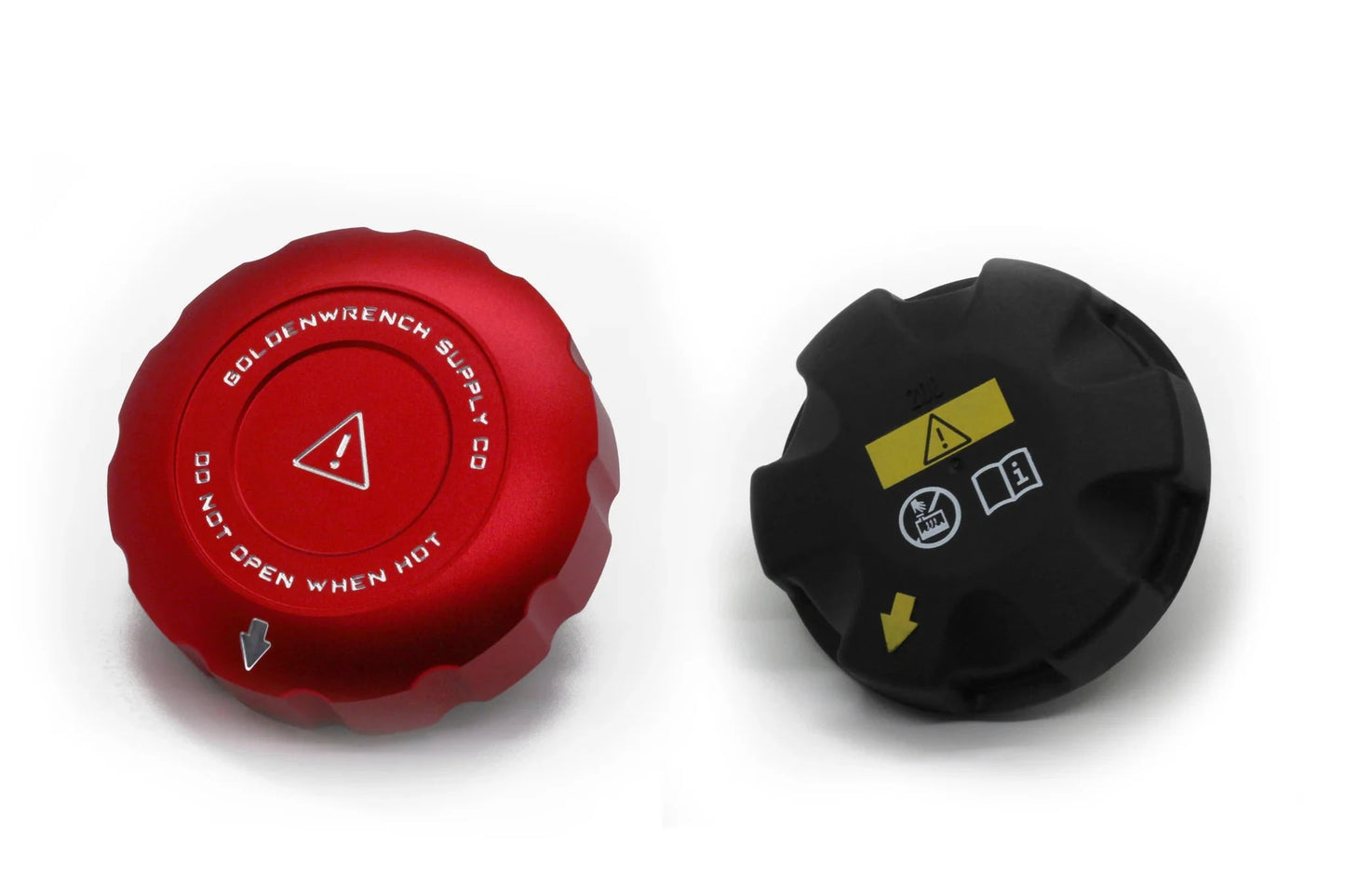 Coolant expansion tank cap cover set, red top and black back with yellow warning symbols