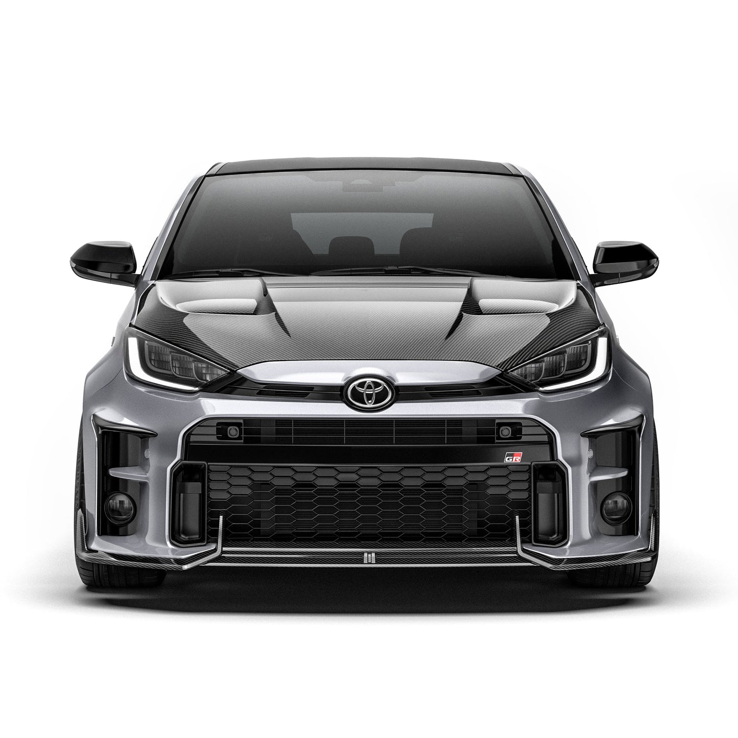 Prepreg hood, black carbon-fiber weave with aerodynamic twin ridges
