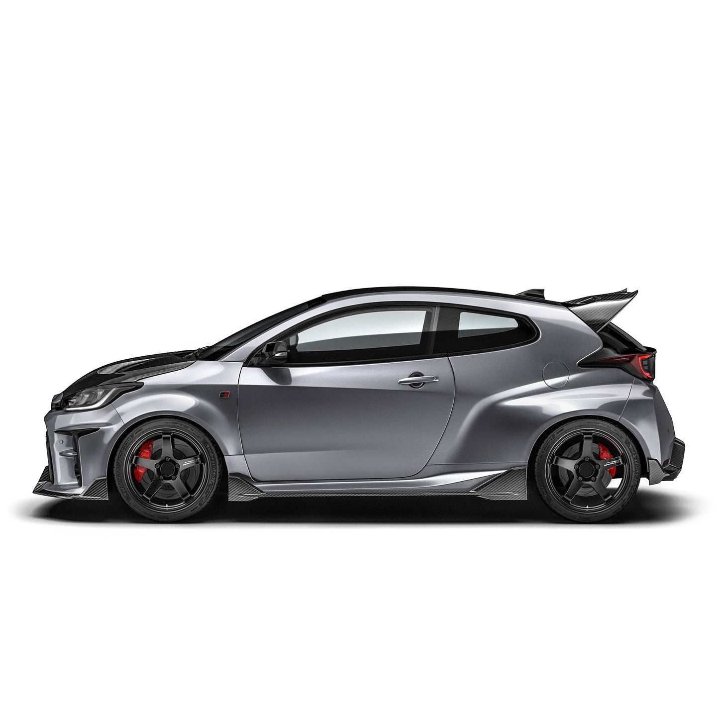 Carbon-fiber style rear spoiler on hatchback, side profile view