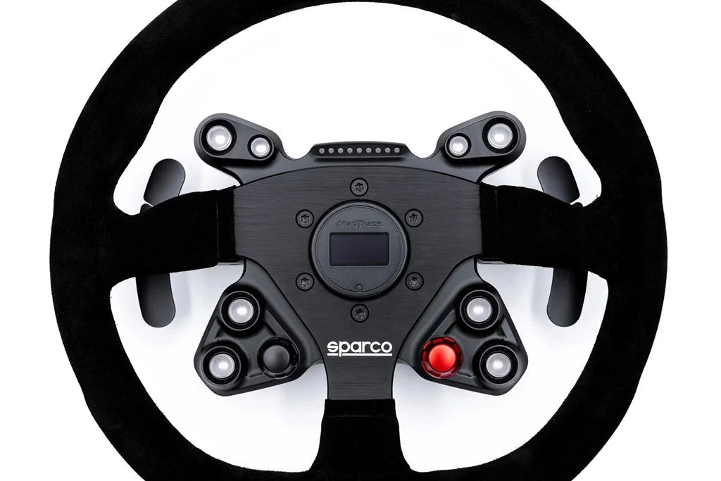 Steering wheel with MadTrace OLED display, sparco logo, red center button, black rim.