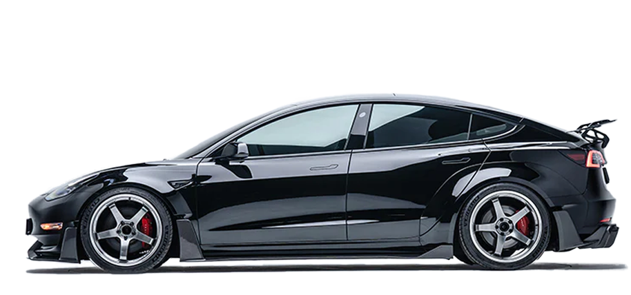 ADRO widebody kit on Tesla Model 3, side profile showing tinted windows, carbon fiber wheels, and rear spoiler.