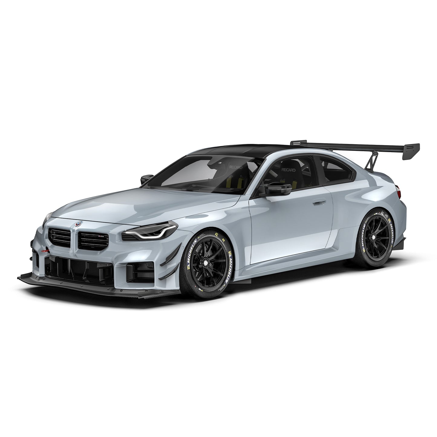 BMW G87 M2 front splitter, black lip with side canards on light coupe