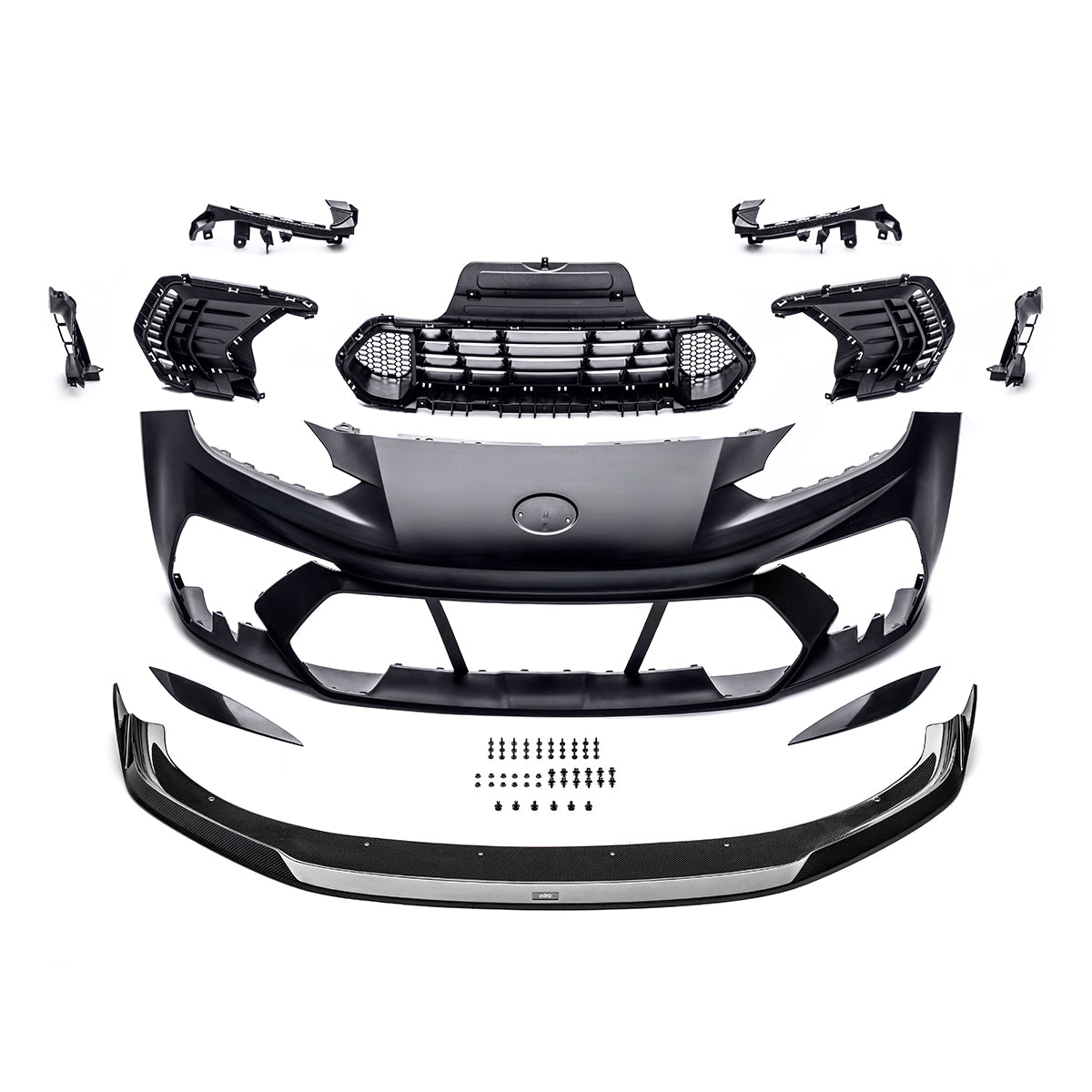 Front bumper kit components: black and gray aero pieces and mounting brackets