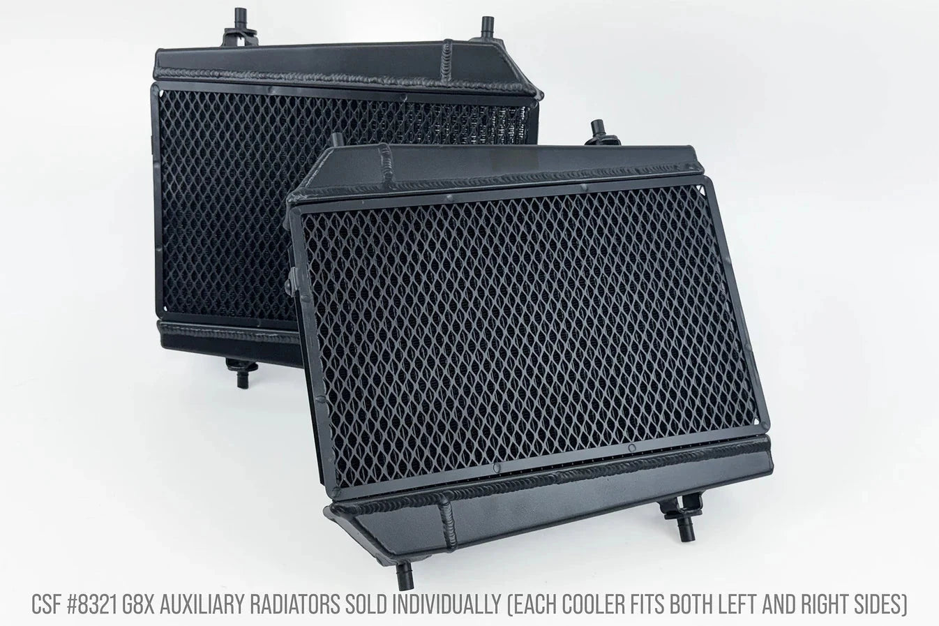 Black auxiliary radiator with metal mesh core and top fittings, rectangular cooling unit.
