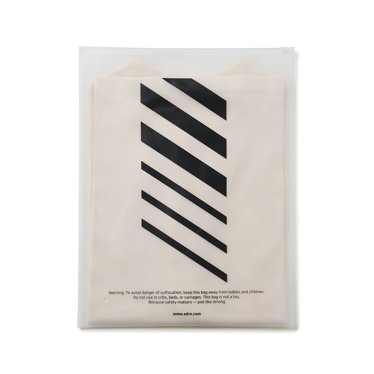 Clear plastic bag with black diagonal stripes and safety warning text