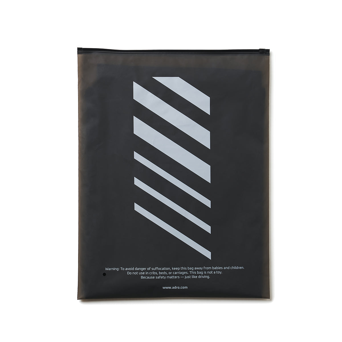 Black adro garment bag with large diagonal stripes and safety warning text