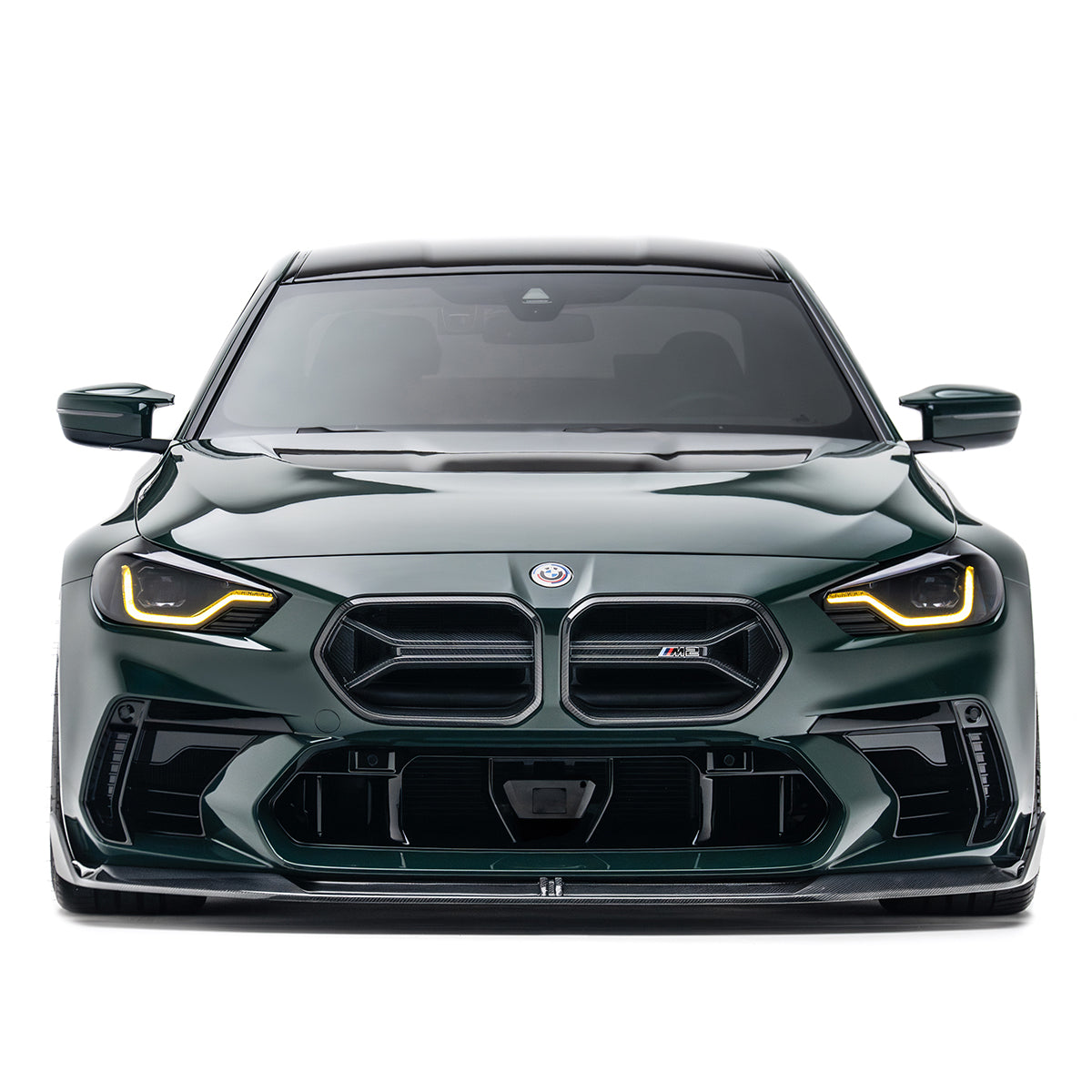 Front carbon fiber lip spoiler with black weave trim on front bumper, straight-on view