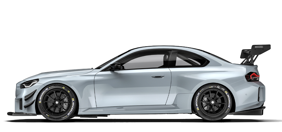 Light blue two-door sports car with black wheels and front splitter, side view