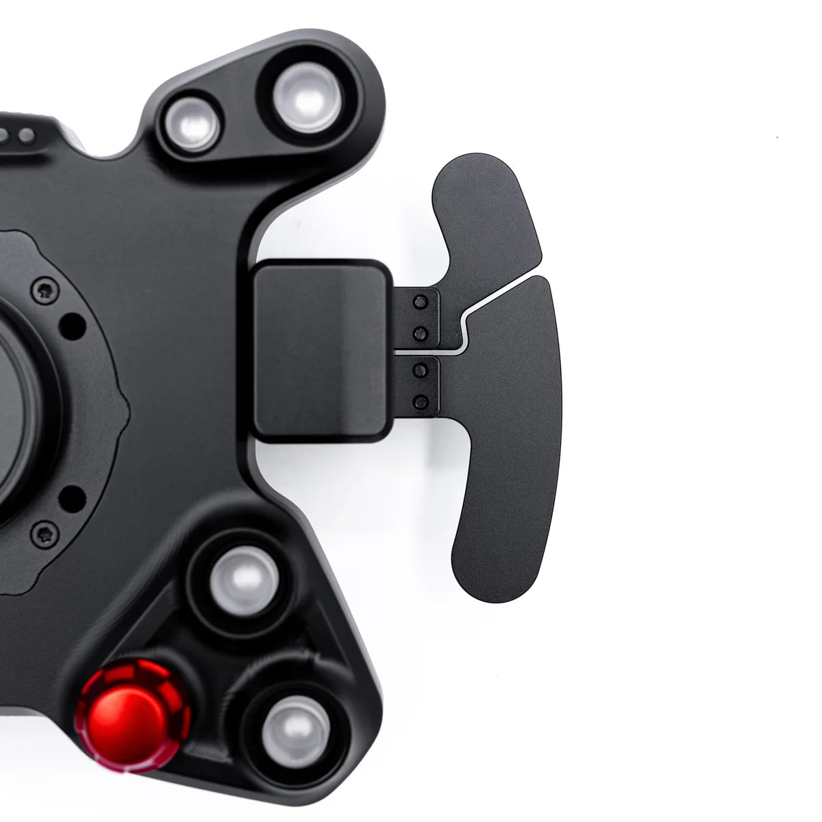 Race steering wheel controller, matte black paddles with plus icon and illuminated LEDs