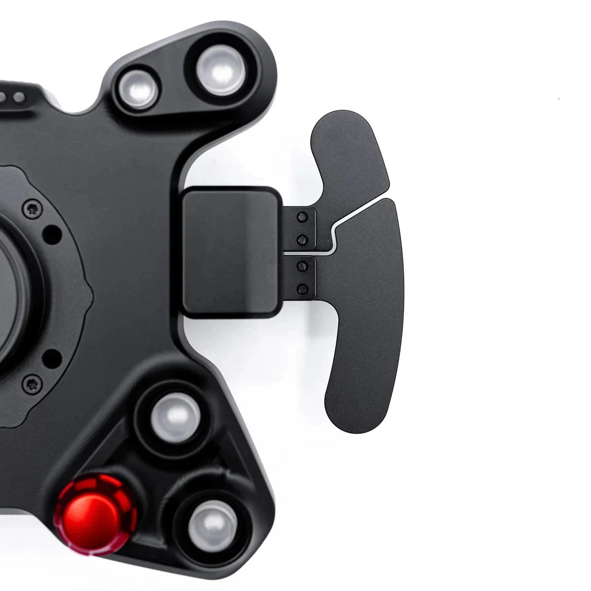 Race steering wheel controller, matte black paddles with plus icon and illuminated LEDs