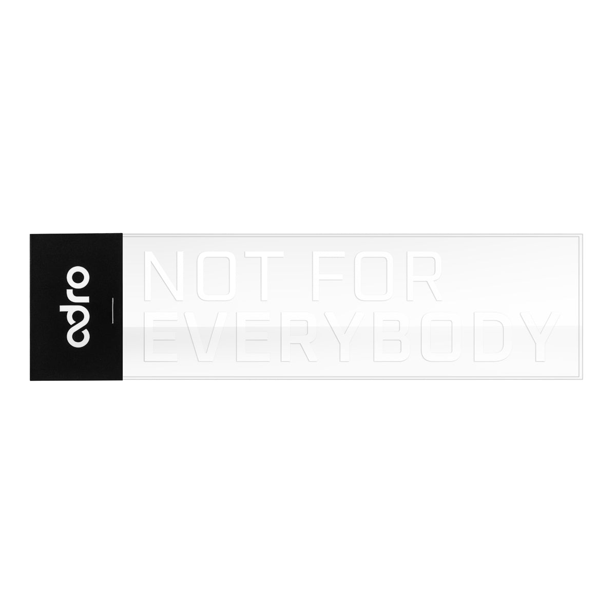 Two-line decal with light lettering, left black panel, and thin border