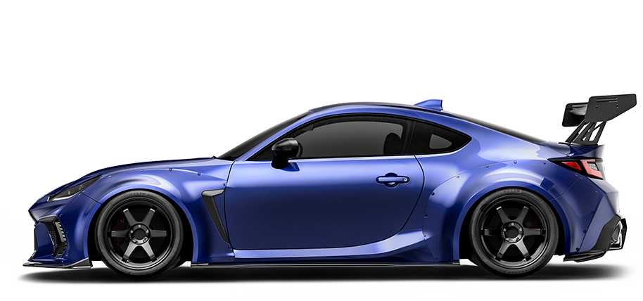Blue sports coupe widebody body kit with flared fenders and side skirts