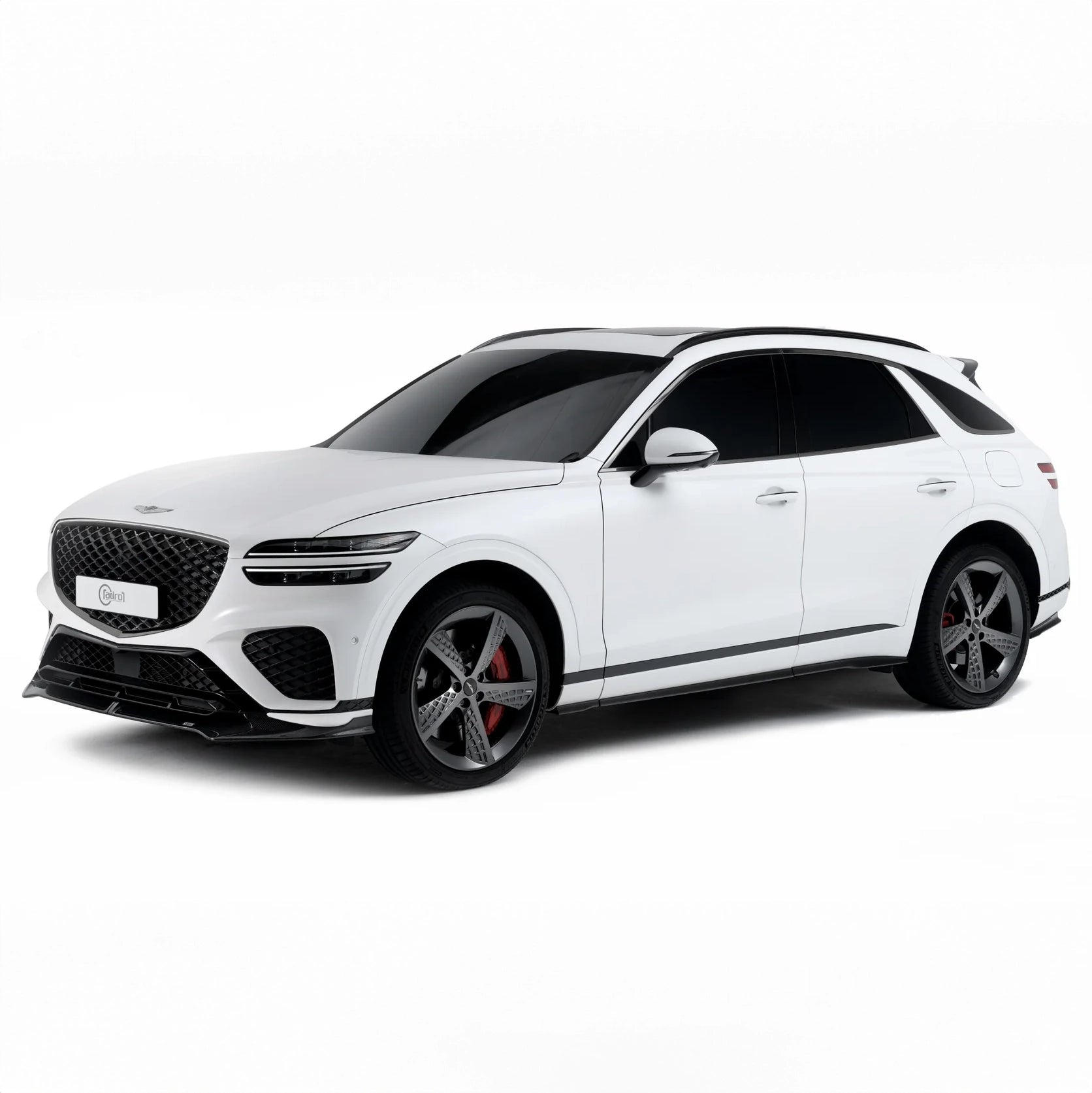 White SUV, black grille and lower trim, sport wheels, tinted windows, front angle