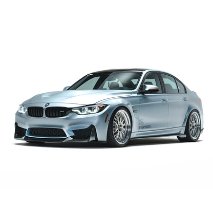 BMW front bumper lip spoiler in dark carbon fiber, front-left side view