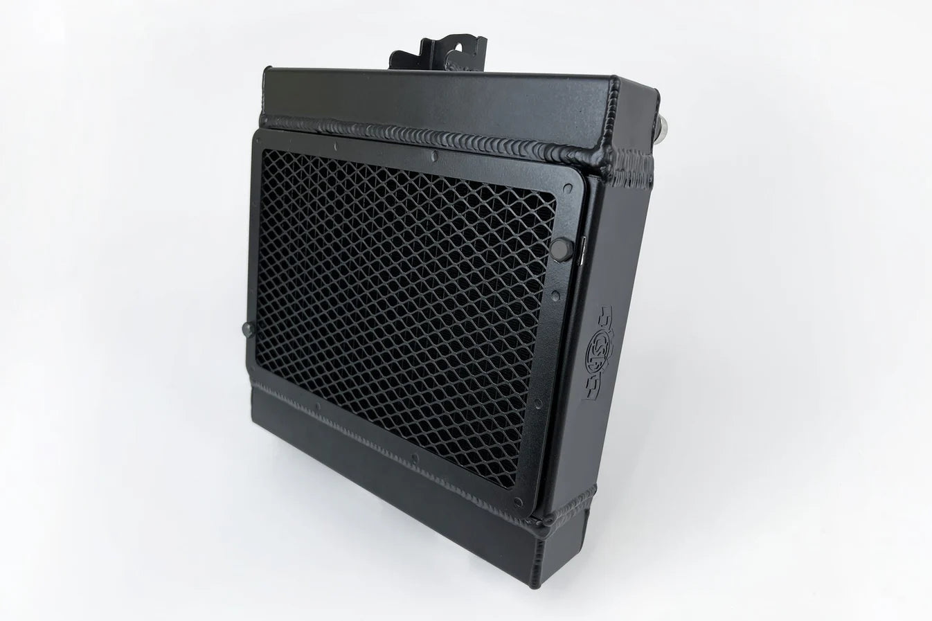 High-performance auxiliary radiator, front view of black mesh core with side brackets