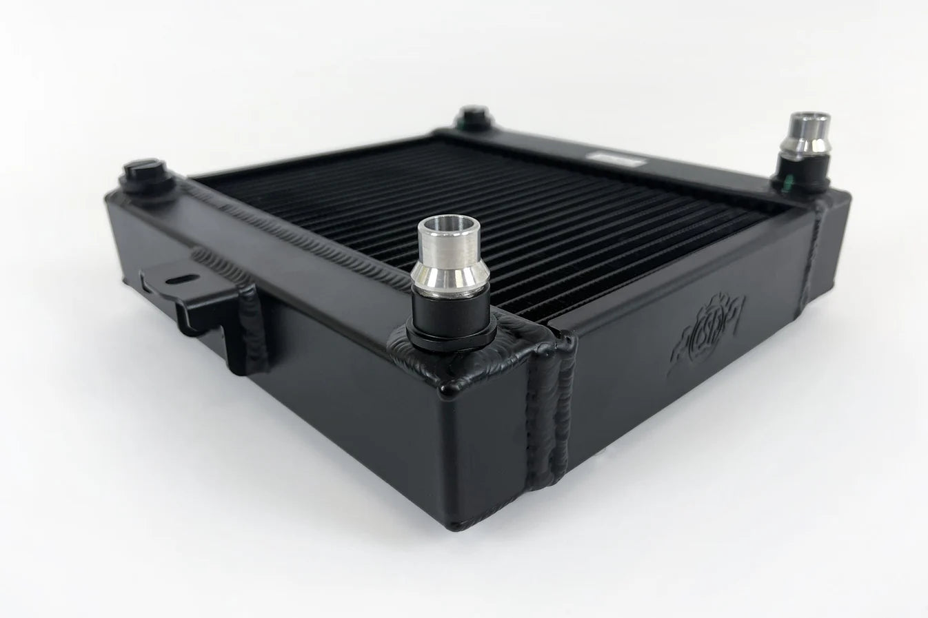 Auxiliary radiator with black fin pack, central hose connector and side mounting tabs