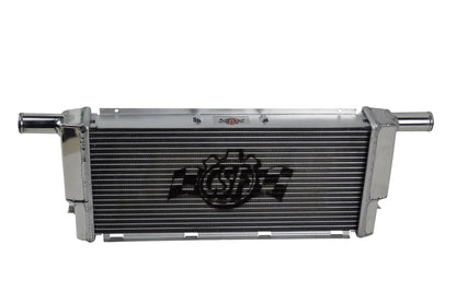 All-aluminum center radiator with fin core and twin end tubes, silver finish