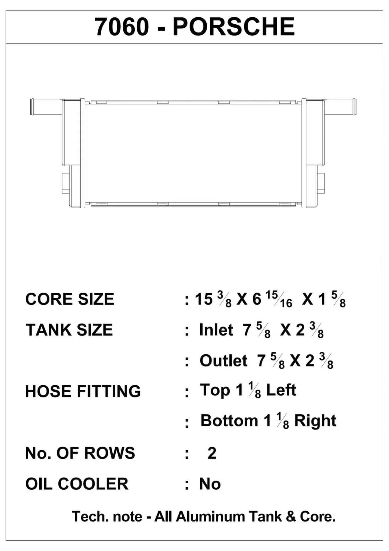 Radiator spec diagram with core and tank size measurements for Porsche