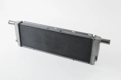 All-aluminum center radiator with dark fin core, silver end tanks and tube fittings