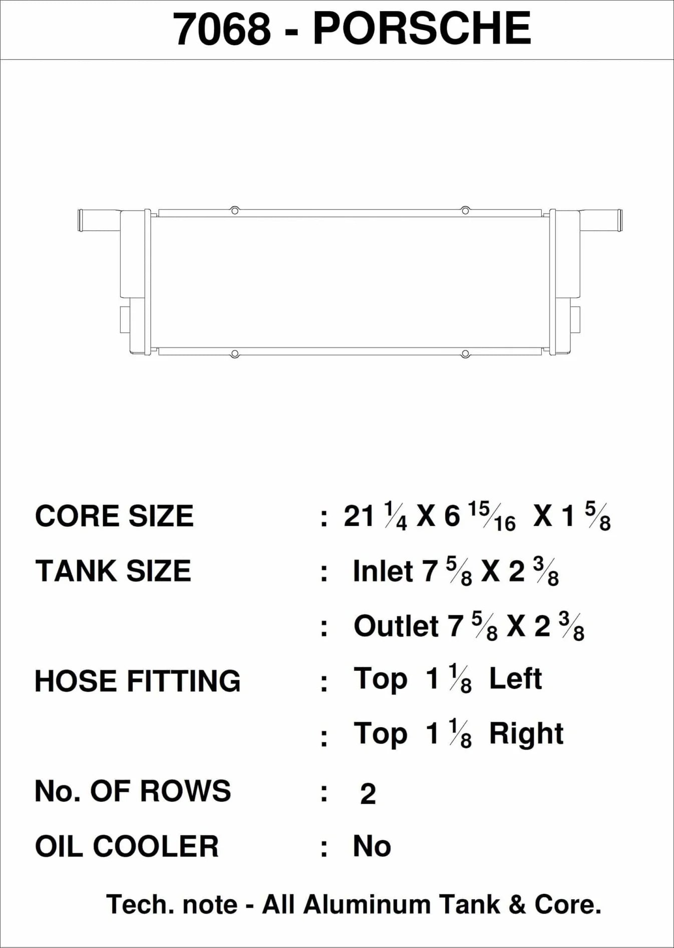 All-aluminum radiator size diagram for Porsche 7068 with core and tank dimensions