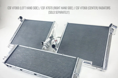All-aluminum radiator with dark fin cores, silver end tanks and multiple inlet fittings